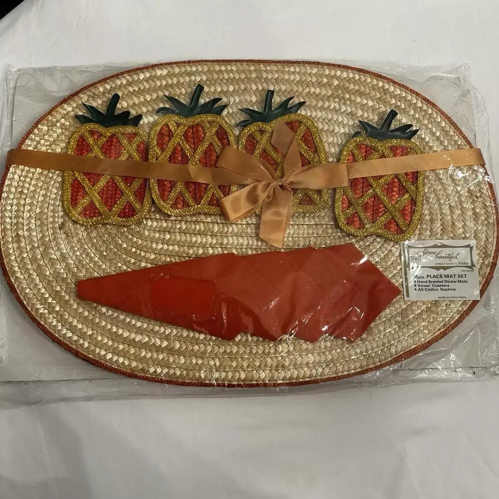 Home Beautiful Vintage Straw Pineapple Placemat Set 12 Pcs. New In Package - Picture 1 of 6